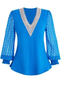 Sky Blue Patchwork Long Sleeve V Neck Blouse -Women Clothing Sales Store 1698049270218096500