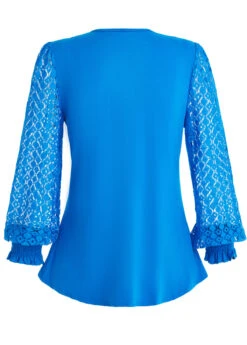 Sky Blue Patchwork Long Sleeve V Neck Blouse -Women Clothing Sales Store 1698049271455015523
