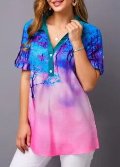 Roll Tab Sleeve Printed Color Block Blouse -Women Clothing Sales Store 226729 P 15748472190782