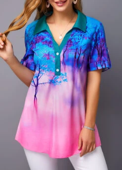 Roll Tab Sleeve Printed Color Block Blouse