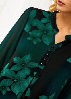 Split Neck Large Floral Print Button Detail Blouse -Women Clothing Sales Store 226943 P 16300465192835