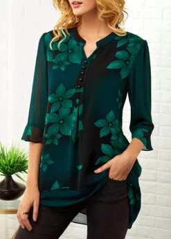 Split Neck Large Floral Print Button Detail Blouse -Women Clothing Sales Store 226943 P 16300465193782