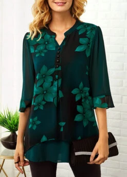 Split Neck Large Floral Print Button Detail Blouse -Women Clothing Sales Store 226943 P 16300465194064