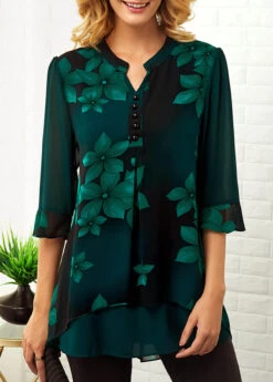 Split Neck Large Floral Print Button Detail Blouse