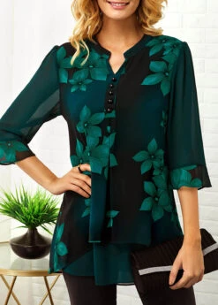 Split Neck Large Floral Print Button Detail Blouse -Women Clothing Sales Store 226943 P 16300465199643