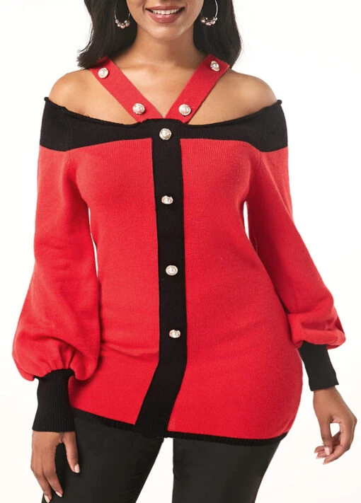 Pearl Embellished Cold Shoulder Blouson Sleeve Sweater 1 Pearl Embellished Cold Shoulder Blouson Sleeve Sweater -Women Clothing Sales Store 230401 P 15710292716930