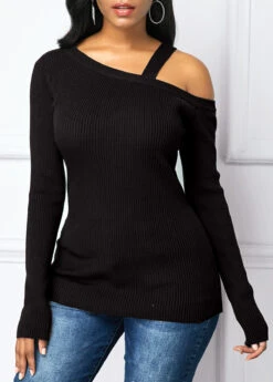 Cold Shoulder Long Sleeve Black Sweater