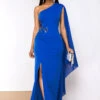 Side Slit Solid Long Sleeve Skew Neck Dress