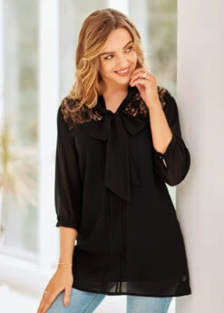 Tie Neck Lace Stitching 3/4 Sleeve Blouse -Women Clothing Sales Store 262345 P 16118100888324