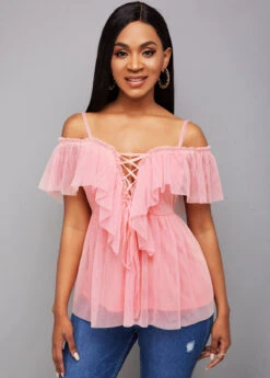Strappy Cold Shoulder Lace Up Blouse