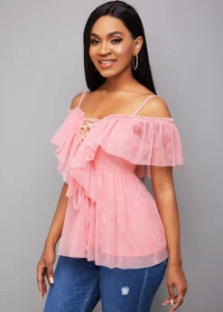 Strappy Cold Shoulder Lace Up Blouse 8 Strappy Cold Shoulder Lace Up Blouse -Women Clothing Sales Store 263254 P 16112777016623