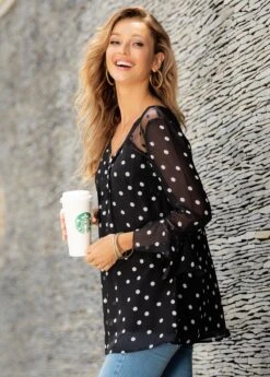 Polka Dot Crinkle Chest Hanky Cuff Blouse -Women Clothing Sales Store 263695 P 16151824190412