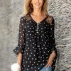 Polka Dot Crinkle Chest Hanky Cuff Blouse