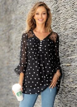 Polka Dot Crinkle Chest Hanky Cuff Blouse