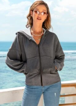 Drawstring Detail Zipper Closure Pocket Hoodie -Women Clothing Sales Store 269112 P 16285730286573