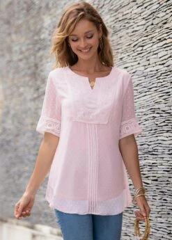 Split Neck Half Sleeve Lace Panel Blouse