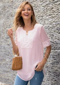 Split Neck Half Sleeve Lace Panel Blouse -Women Clothing Sales Store 271538 P 16182997395303