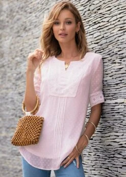 Split Neck Half Sleeve Lace Panel Blouse -Women Clothing Sales Store 271538 P 16182997399772