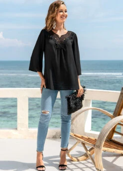 Lace Stitching 3/4 Sleeve Split Neck Blouse -Women Clothing Sales Store 272613 P 16252829950034