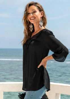 Lace Stitching 3/4 Sleeve Split Neck Blouse -Women Clothing Sales Store 272613 P 16252829950142