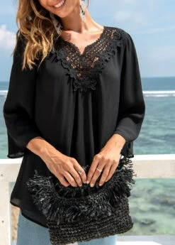 Lace Stitching 3/4 Sleeve Split Neck Blouse -Women Clothing Sales Store 272613 P 16252829954153