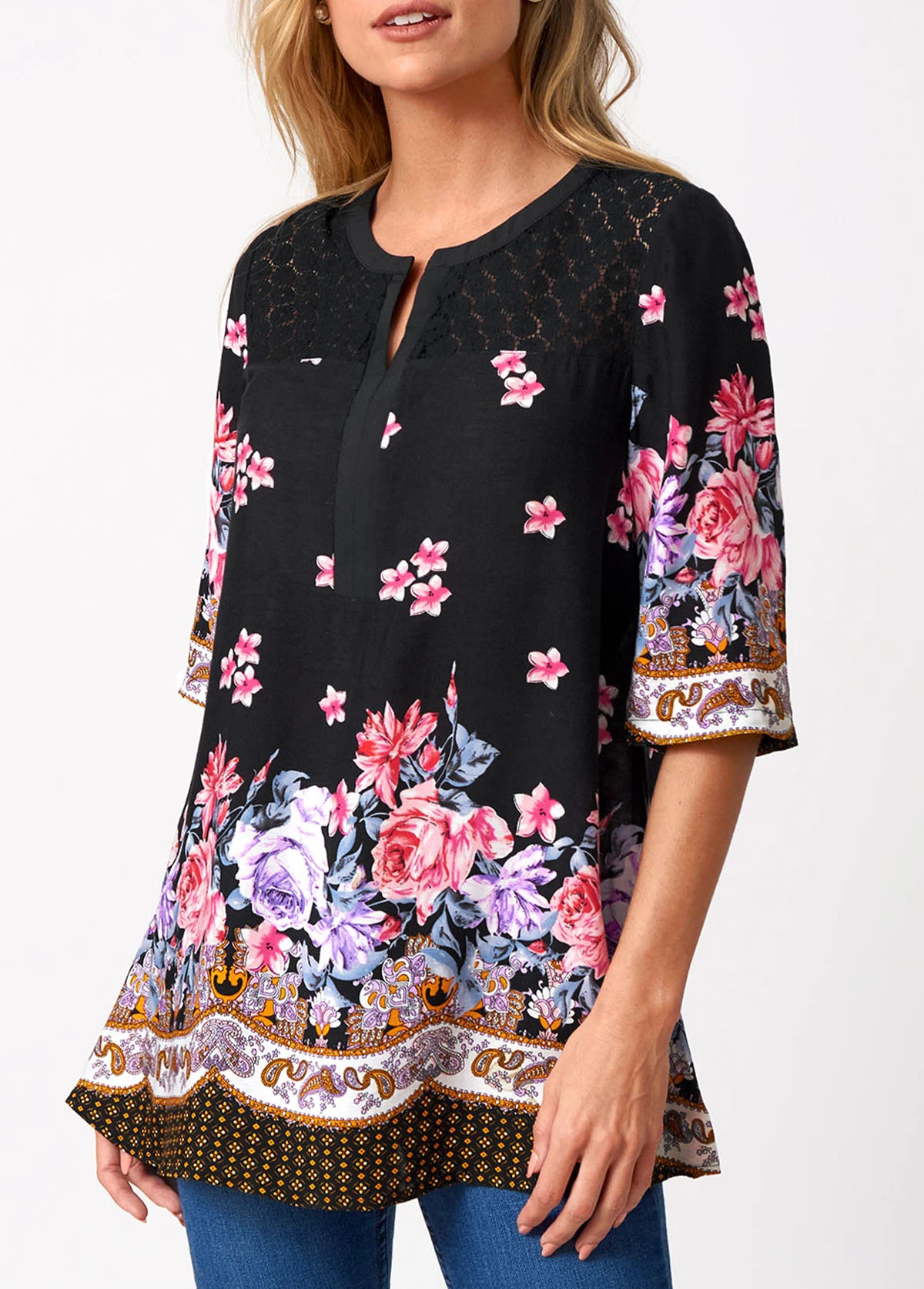 Split Neck Floral Print Lace Stitching Blouse 3 Split Neck Floral Print Lace Stitching Blouse - Image 3