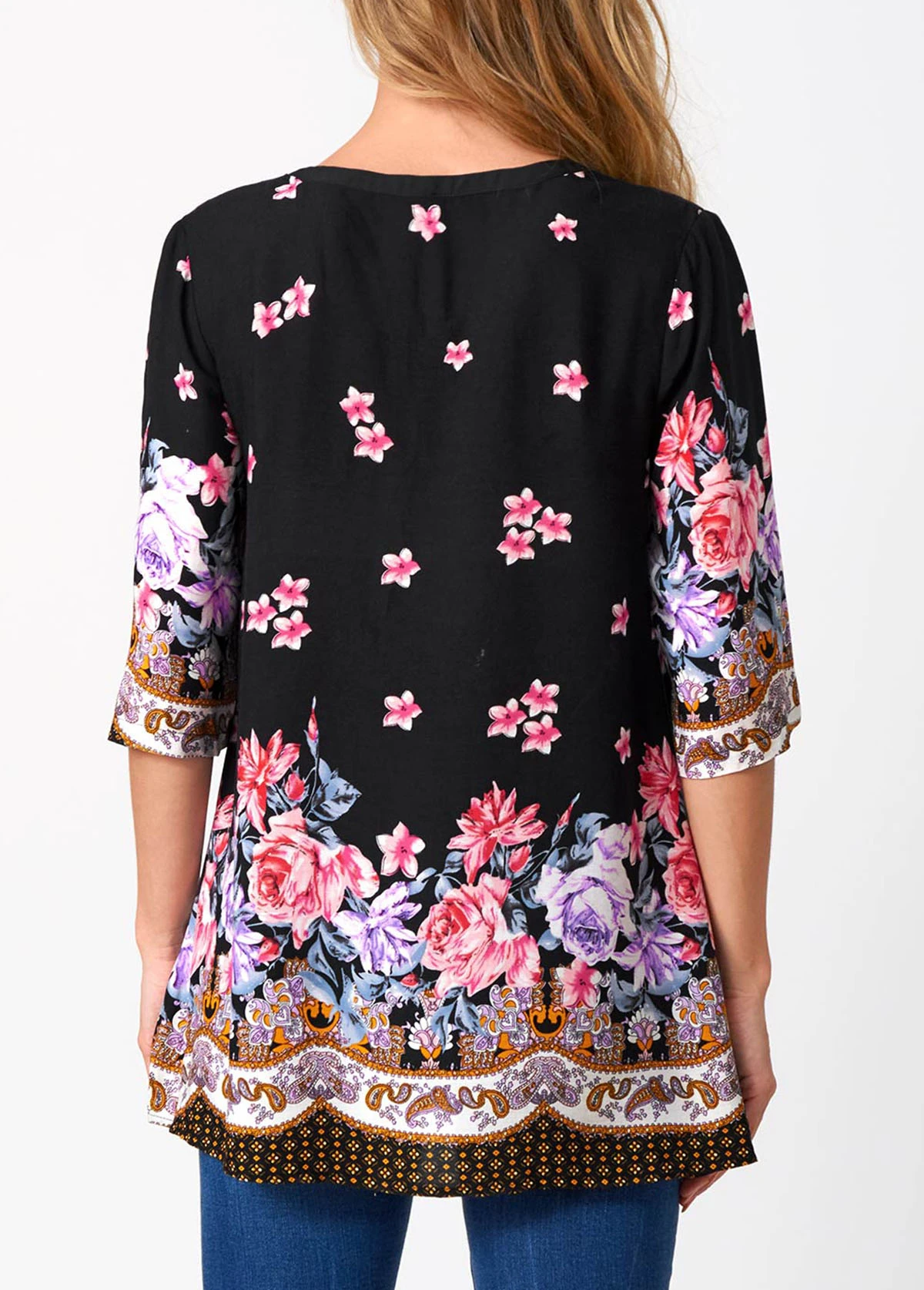 Split Neck Floral Print Lace Stitching Blouse 2 Split Neck Floral Print Lace Stitching Blouse - Image 2