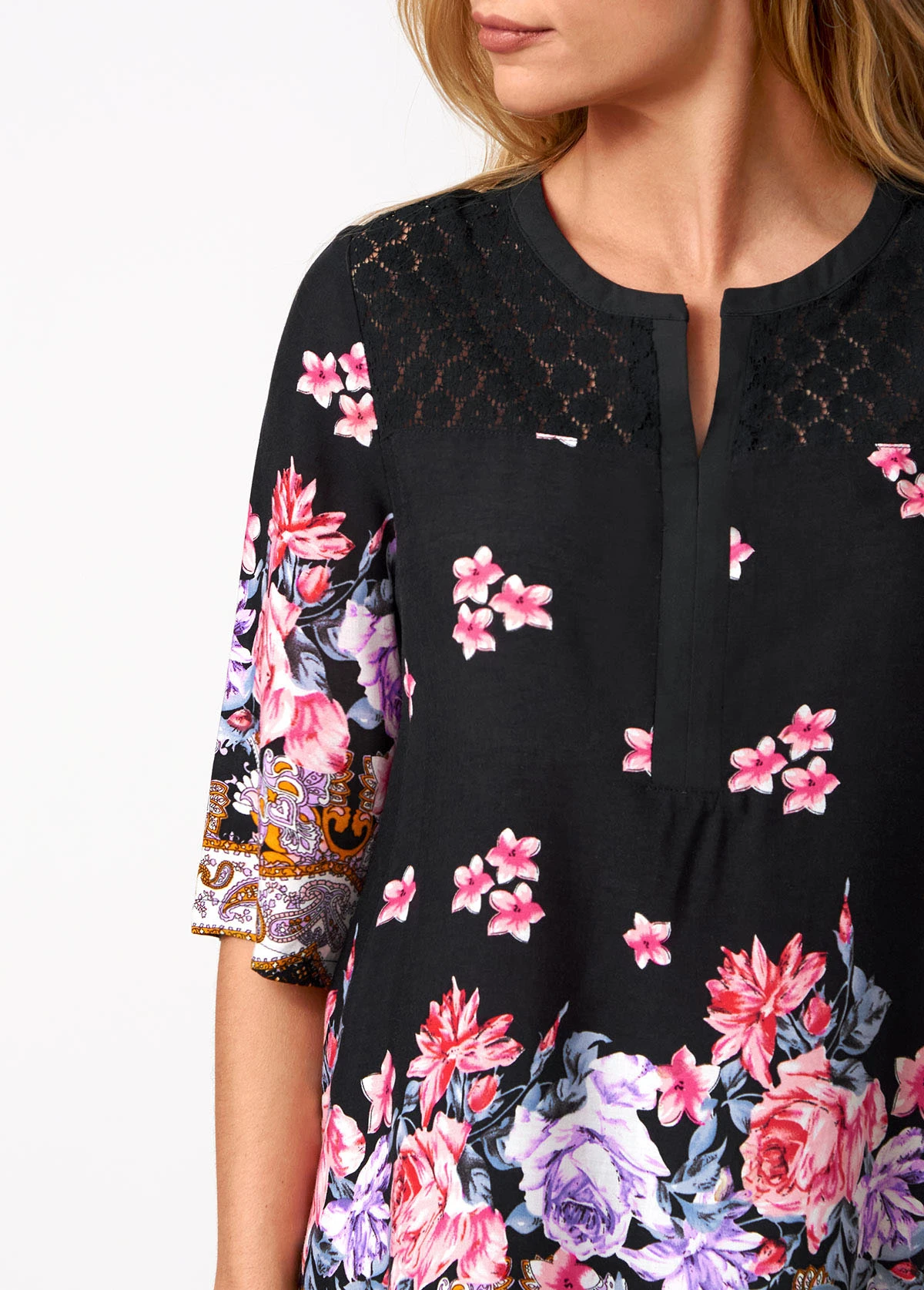 Split Neck Floral Print Lace Stitching Blouse 5 Split Neck Floral Print Lace Stitching Blouse - Image 5