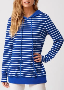 Long Sleeve Striped Drawstring Detail Hoodie