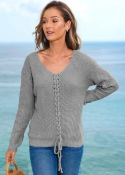 Lace Up V Neck Long Sleeve Sweater -Women Clothing Sales Store 277753 P 16278969012463