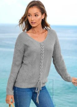 Lace Up V Neck Long Sleeve Sweater -Women Clothing Sales Store 277753 P 16278969018112