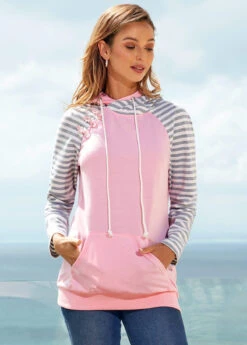 Kangaroo Pocket Striped Long Sleeve Hoodie -Women Clothing Sales Store 278360 P 16282522582352