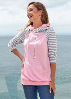 Kangaroo Pocket Striped Long Sleeve Hoodie -Women Clothing Sales Store 278360 P 16282522586114