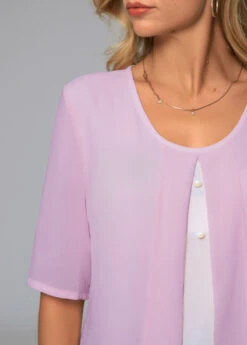 Faux Two Piece Round Neck Decorative Button Blouse -Women Clothing Sales Store 279690 P 16263314603094