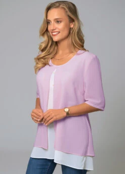 Faux Two Piece Round Neck Decorative Button Blouse -Women Clothing Sales Store 279690 P 16263314603462