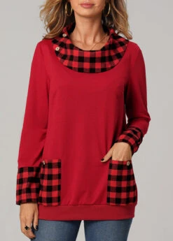 Women Clothing Sales Store 23 Christmas Plaid Long Sleeve Red Pocket Sweatshirt
