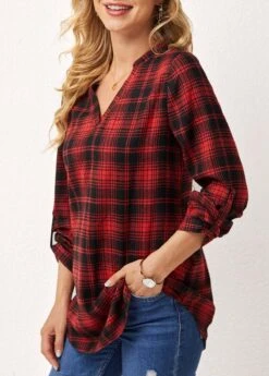 Plaid Long Sleeve Split Neck Blouse -Women Clothing Sales Store 279961 P 16298583901592