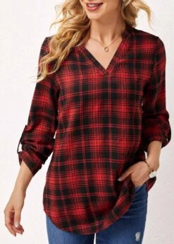 Plaid Long Sleeve Split Neck Blouse -Women Clothing Sales Store 279961 P 16298583902873