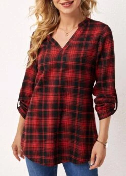 Plaid Long Sleeve Split Neck Blouse