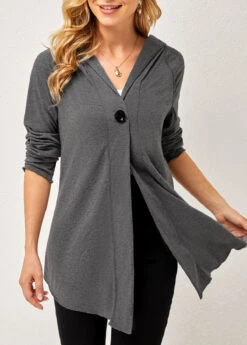 One Button Long Sleeve Solid Hoodie -Women Clothing Sales Store 281157 P 16310100751334
