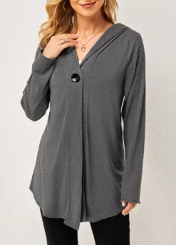 One Button Long Sleeve Solid Hoodie -Women Clothing Sales Store 281157 P 16310100753012