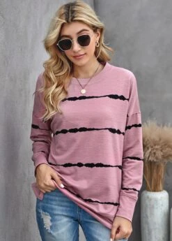 Women Clothing Sales Store 25 Long Sleeve Striped Round Neck Sweatshirt