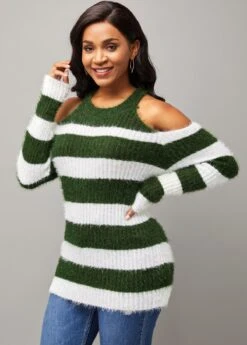 Cold Shoulder Stripe Print Long Sleeve Round Neck Sweater -Women Clothing Sales Store 282344 P 16316944070842