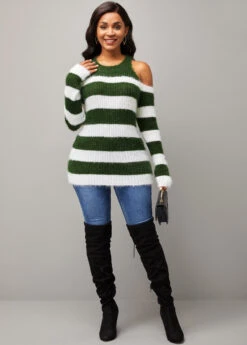 Cold Shoulder Stripe Print Long Sleeve Round Neck Sweater -Women Clothing Sales Store 282344 P 16316944071463