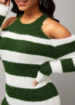 Cold Shoulder Stripe Print Long Sleeve Round Neck Sweater -Women Clothing Sales Store 282344 P 16316944071904
