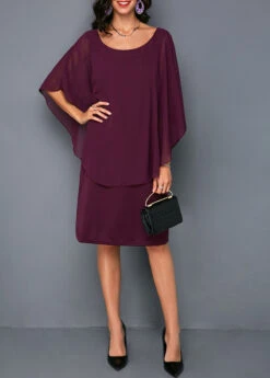 Women Clothing Sales Store 28 Faux Two Piece Solid 3/4 Sleeve Round Neck Dress