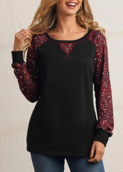 Leopard Black Round Neck Long Sleeve Sweatshirt