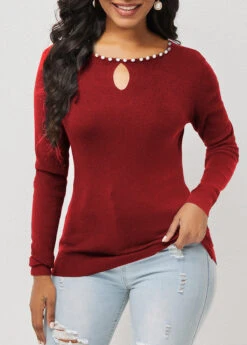 Wine Red Pearl Detail Keyhole Neckline Sweater