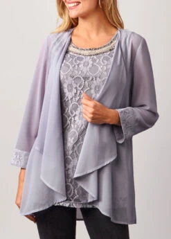 Lace Patchwork Cardigan And Grey Tank Top