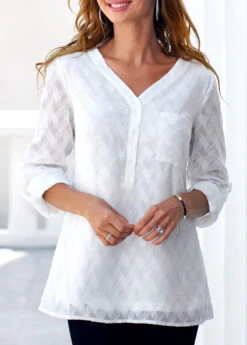 Pocket White V Neck Long Sleeve Blouse